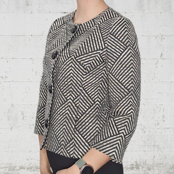 Anne Klein Black Tweed Retro Diamond Single Breasted Cropped Blazer Size 2P - Picture 11 of 11